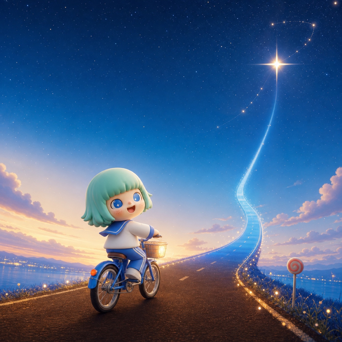 朵朵骑单车追逐夜空中的流星