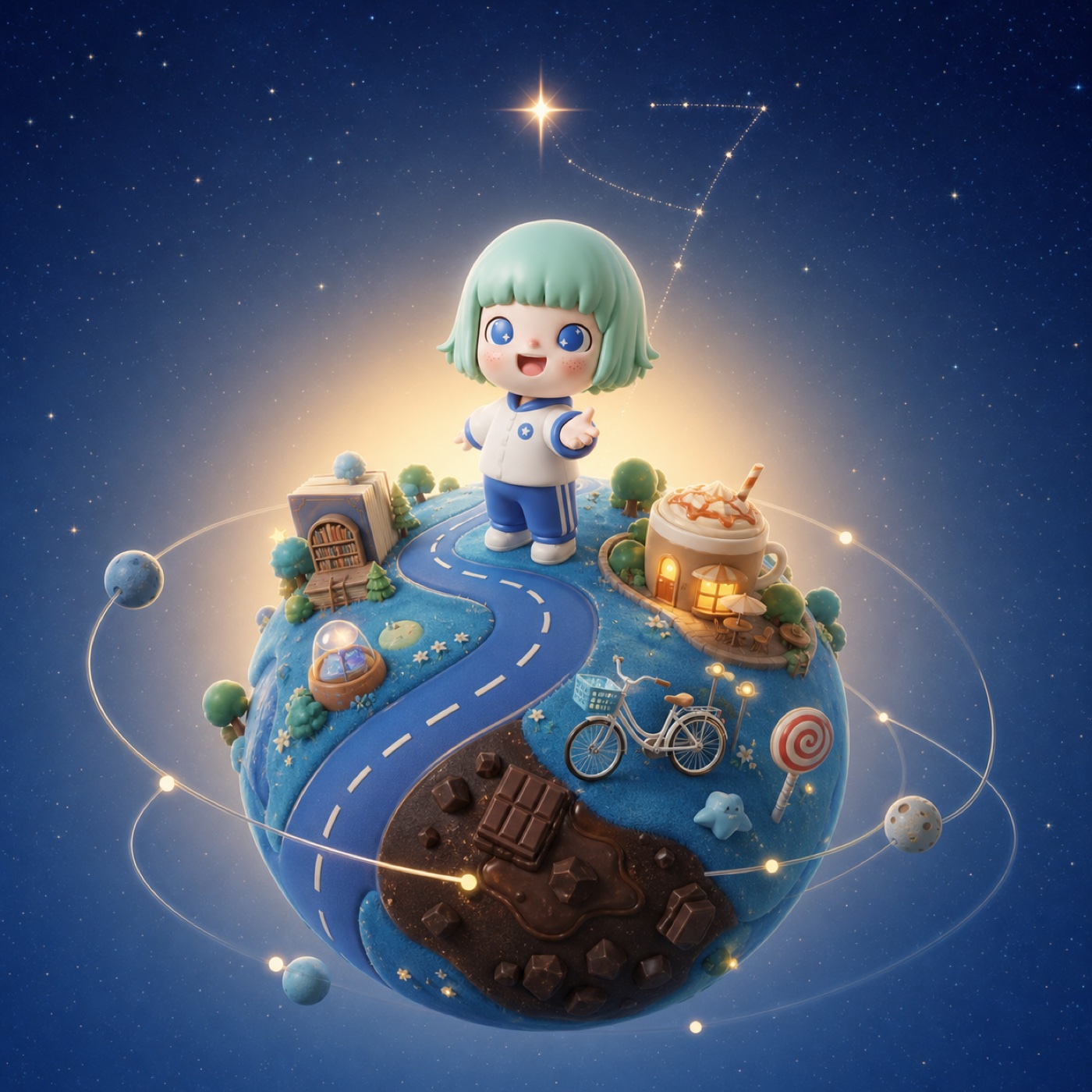 朵朵站在自己的微缩星球上，星球上有图书馆、咖啡店、巧克力路与路灯路